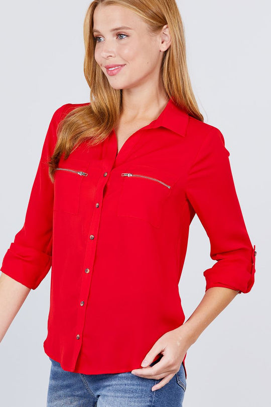 3/4 Roll Up Sleeve Pocket W/zipper Detail Woven Blouse