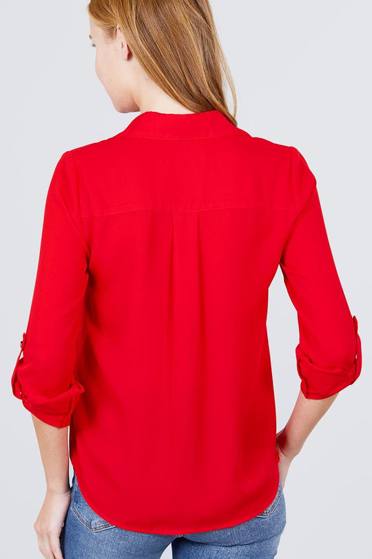 3/4 Roll Up Sleeve Pocket W/zipper Detail Woven Blouse