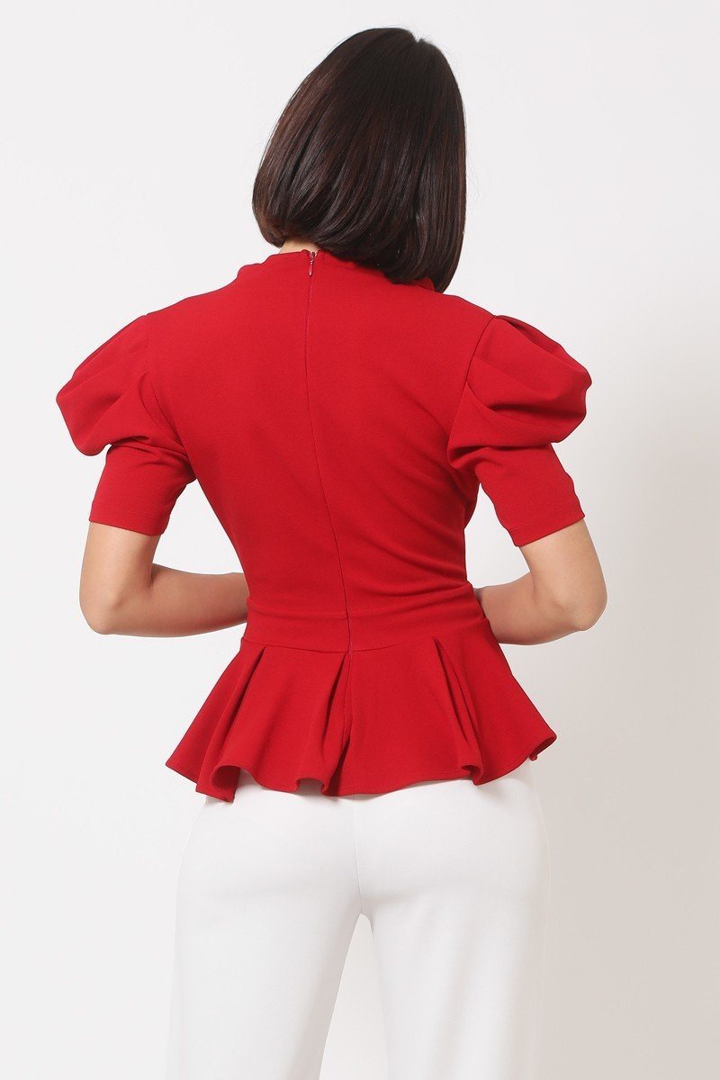 Draped Puff Shoulder Fashion Top With G Buckle Detail