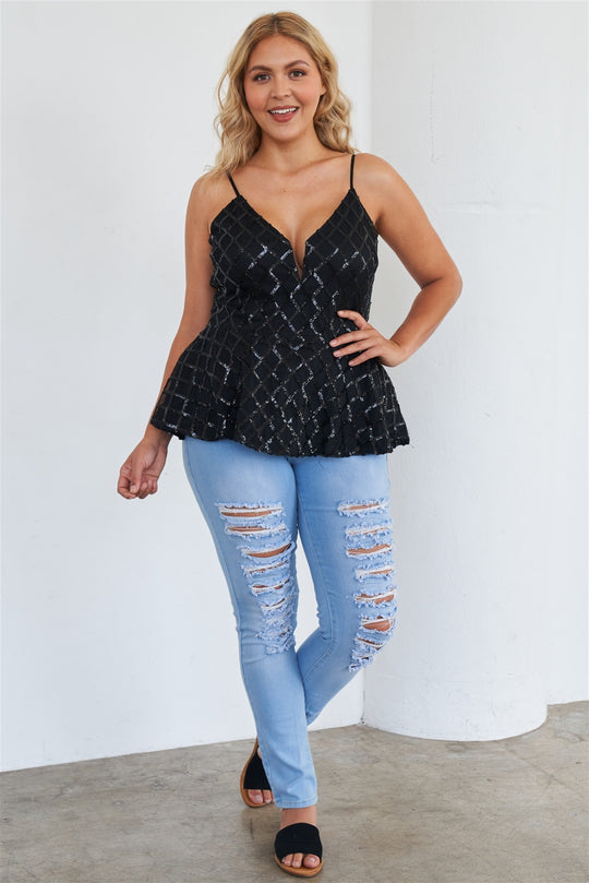 Plus Size Black Sleeveless Sequin V-neck Peplum Top