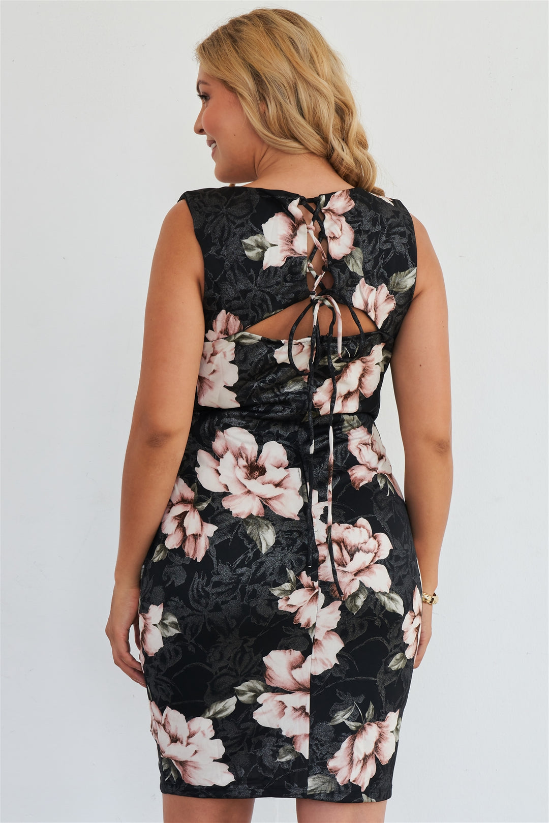 Plus Size Silver Pink Floral Print Bodycon Lace Up Back Midi Dress