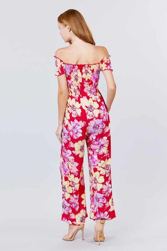 Short Sleeve Off The Shoulder Smocked Detail With Floral Print Long Wide Leg Jumpsuit.