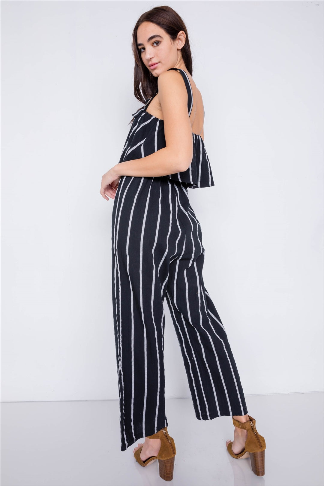 Stripe Buckle Shoulder Wide Leg Jumpsuit