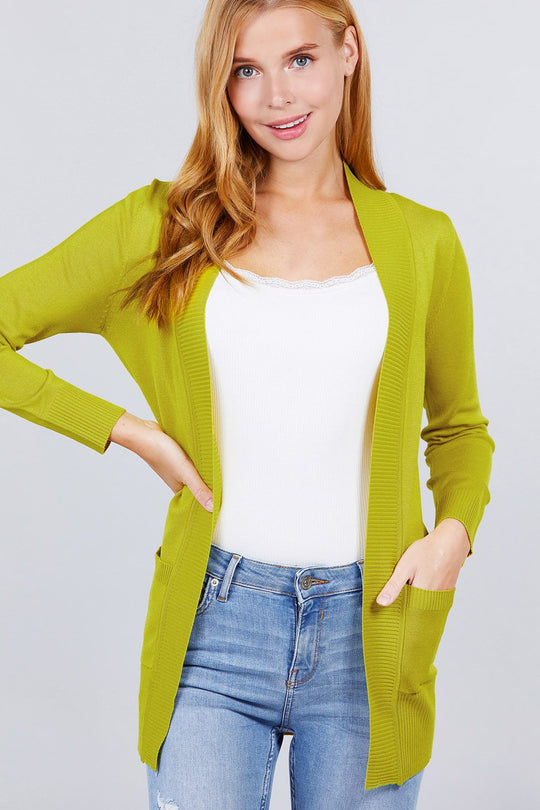 Long Sleeve Rib Banded Open Sweater Cardigan W/pockets