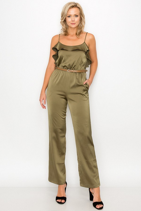 Ruffle Trim Belted Jumpsuit