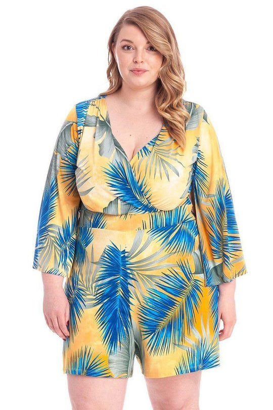 Tropical Leaf Print Kimono Sleeve Romper