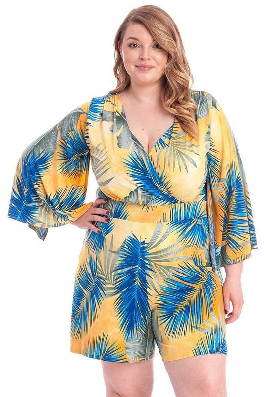 Tropical Leaf Print Kimono Sleeve Romper