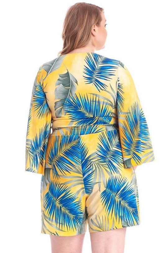 Tropical Leaf Print Kimono Sleeve Romper