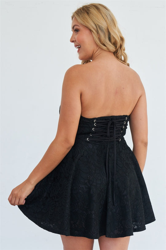 Plus Size Strapless Black Floral Lace Embroidered Flare Mini Dress