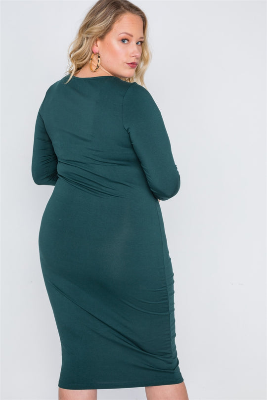 Plus Size Green Basic Long Sleeve Midi Dress