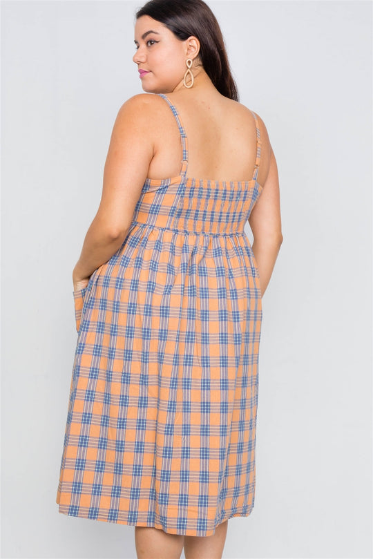 Plus Size Orange Plaid V-neck Midi Dress