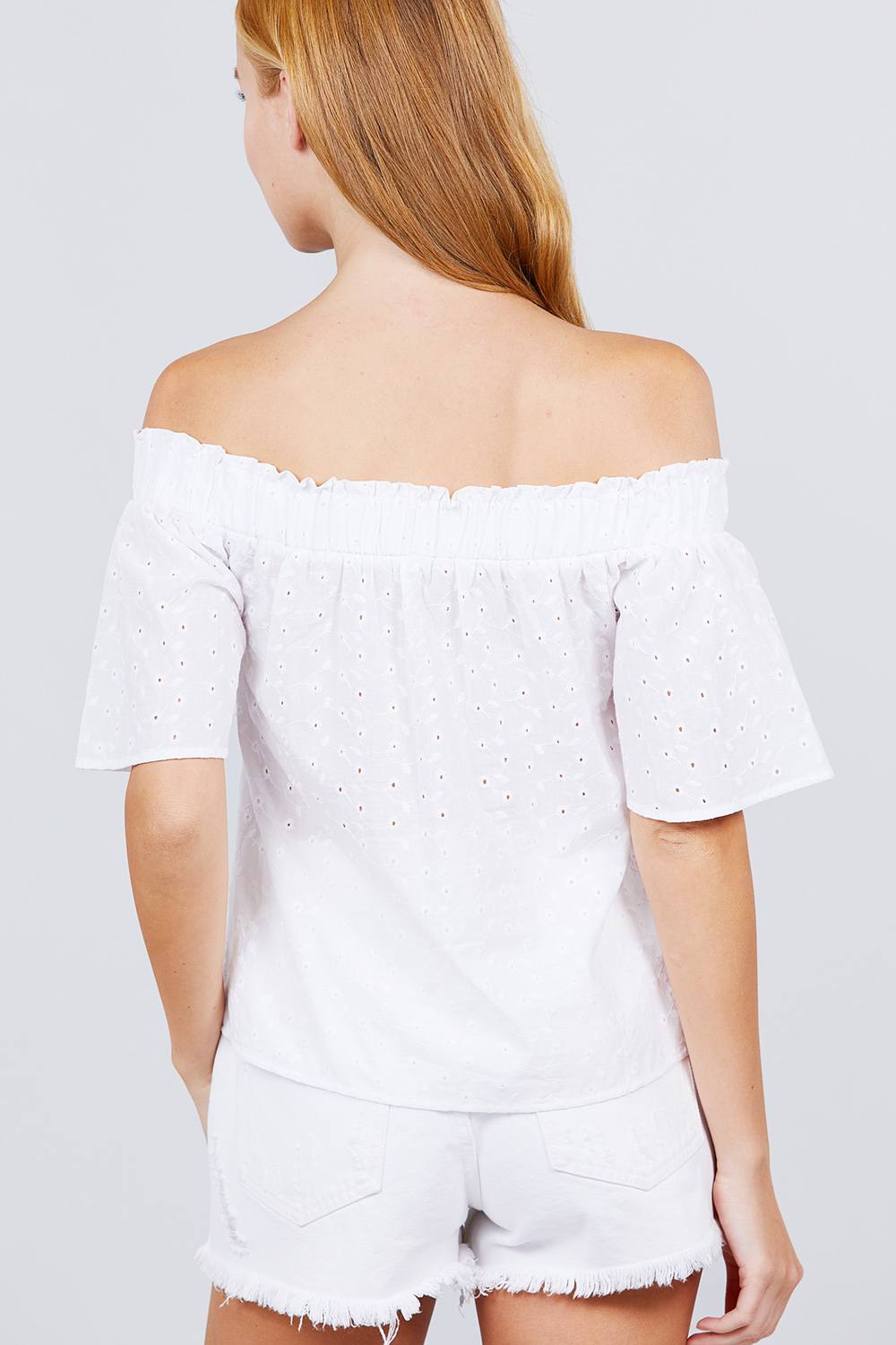 Short Sleeve Off The Shoulder Eyelet Woven Top