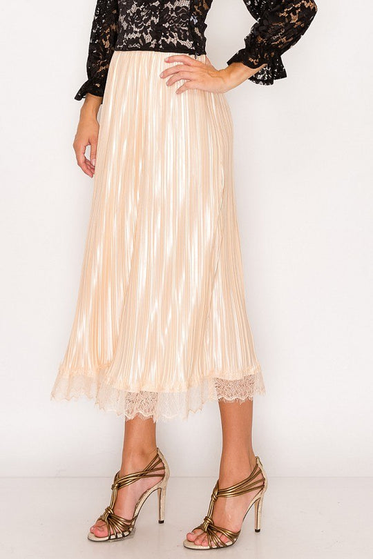 Lace Trim Accordion Pleated Midi Skirt