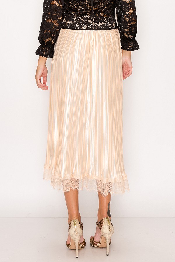 Lace Trim Accordion Pleated Midi Skirt