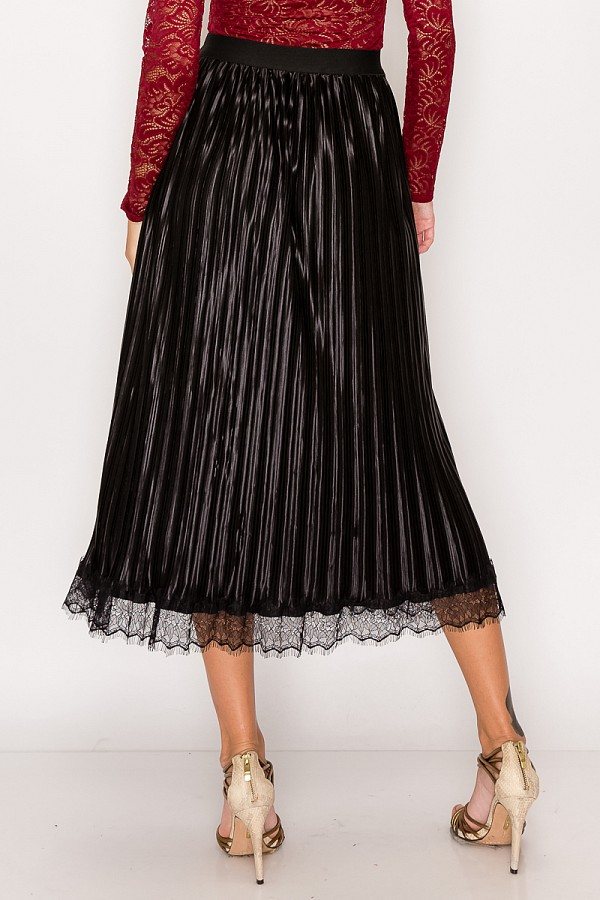 Lace Trim Accordion Pleated Midi Skirt