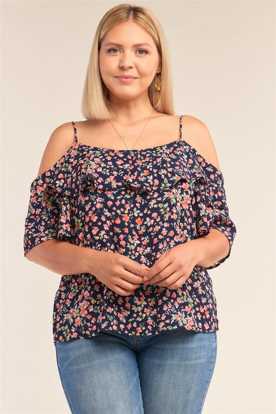 Plus Size Floral Print Relaxed Fit Mini Sleeve Off-the-shoulder Flared Hem Top