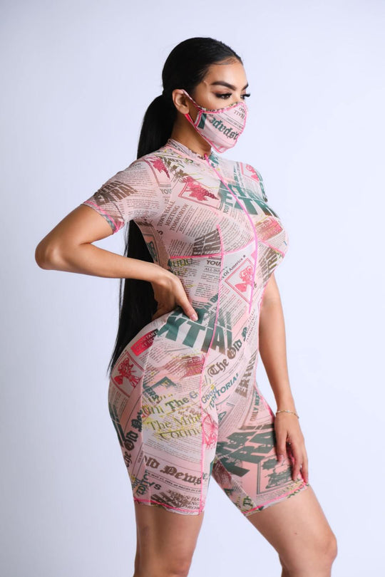 Printed Mesh Romper With Stitching Detail With Mask