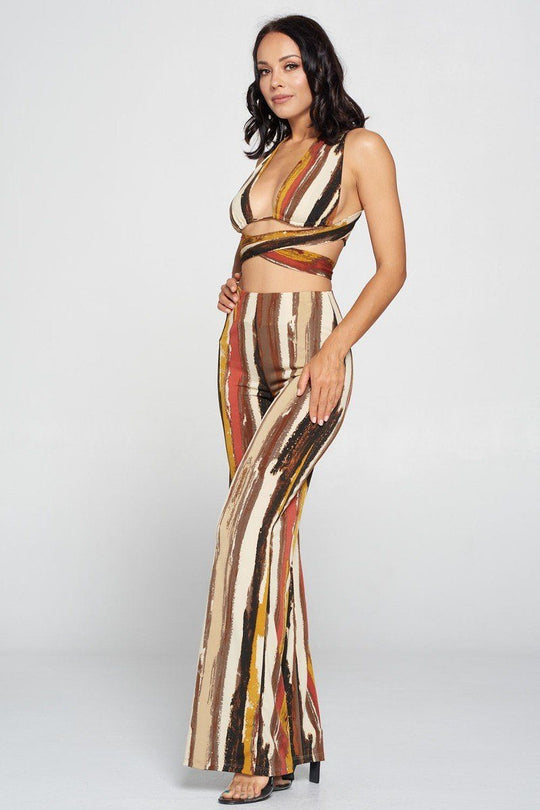 Stripped Cropped Top And Wide Leg Pants Set