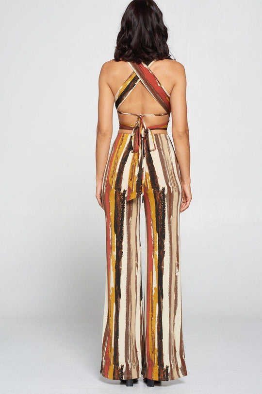 Stripped Cropped Top And Wide Leg Pants Set