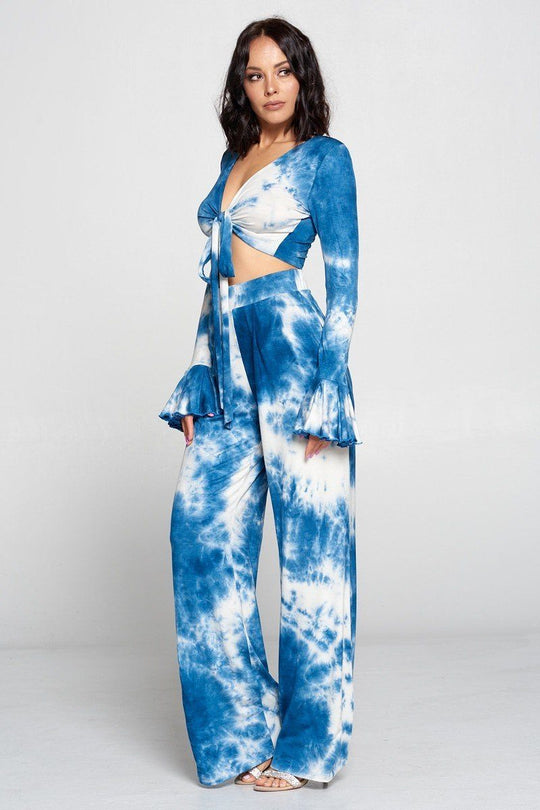 Tie Dye Fronttie Top And Wide Leg Pants Set