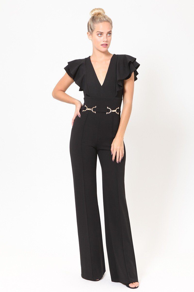 Layered Ruffle Shoulder Jumpsuit W/ Buckle Detail