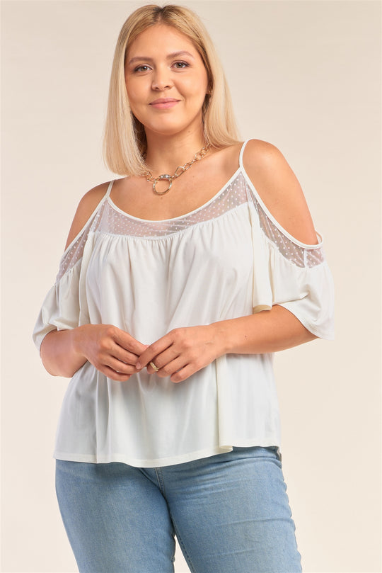 Plus Size Ivory Relaxed Fit Off-the-shoulder Polka Dot Mesh Hem Babydoll Top