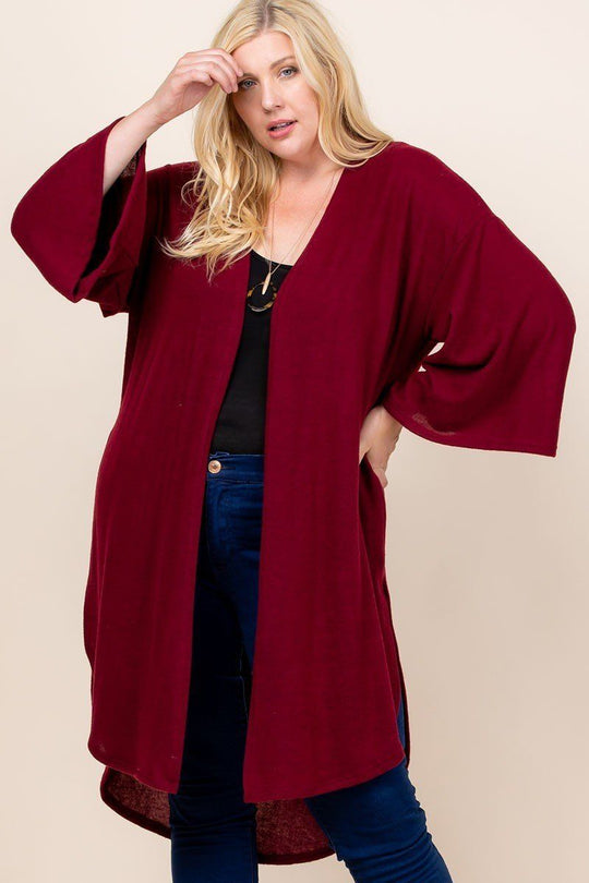 Plus Size Solid Hacci Brush Open Front Long Cardigan With Bell Sleeves