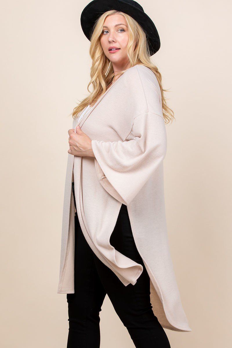 Plus Size Solid Hacci Brush Open Front Long Cardigan With Bell Sleeves