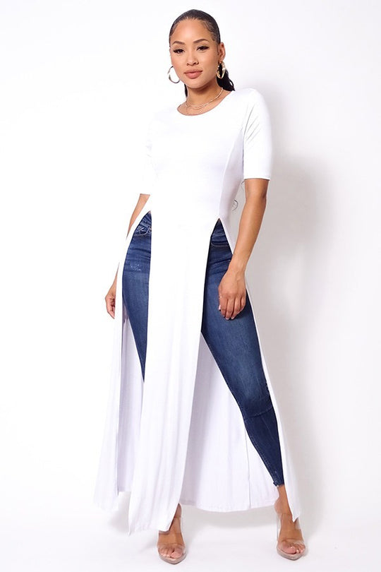 Elbow Sleeve Maxi Tank Top With Side Slits