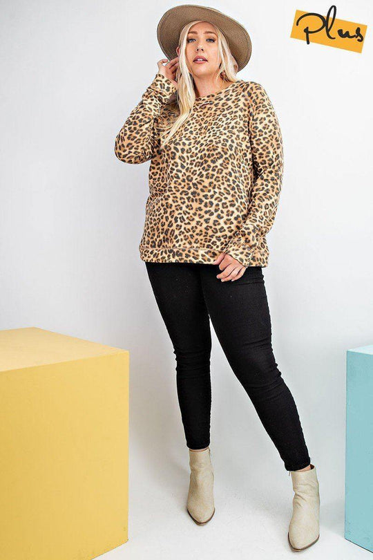 Long Sleeve Leopard Printed Terry Knit Pullover - bulkybox