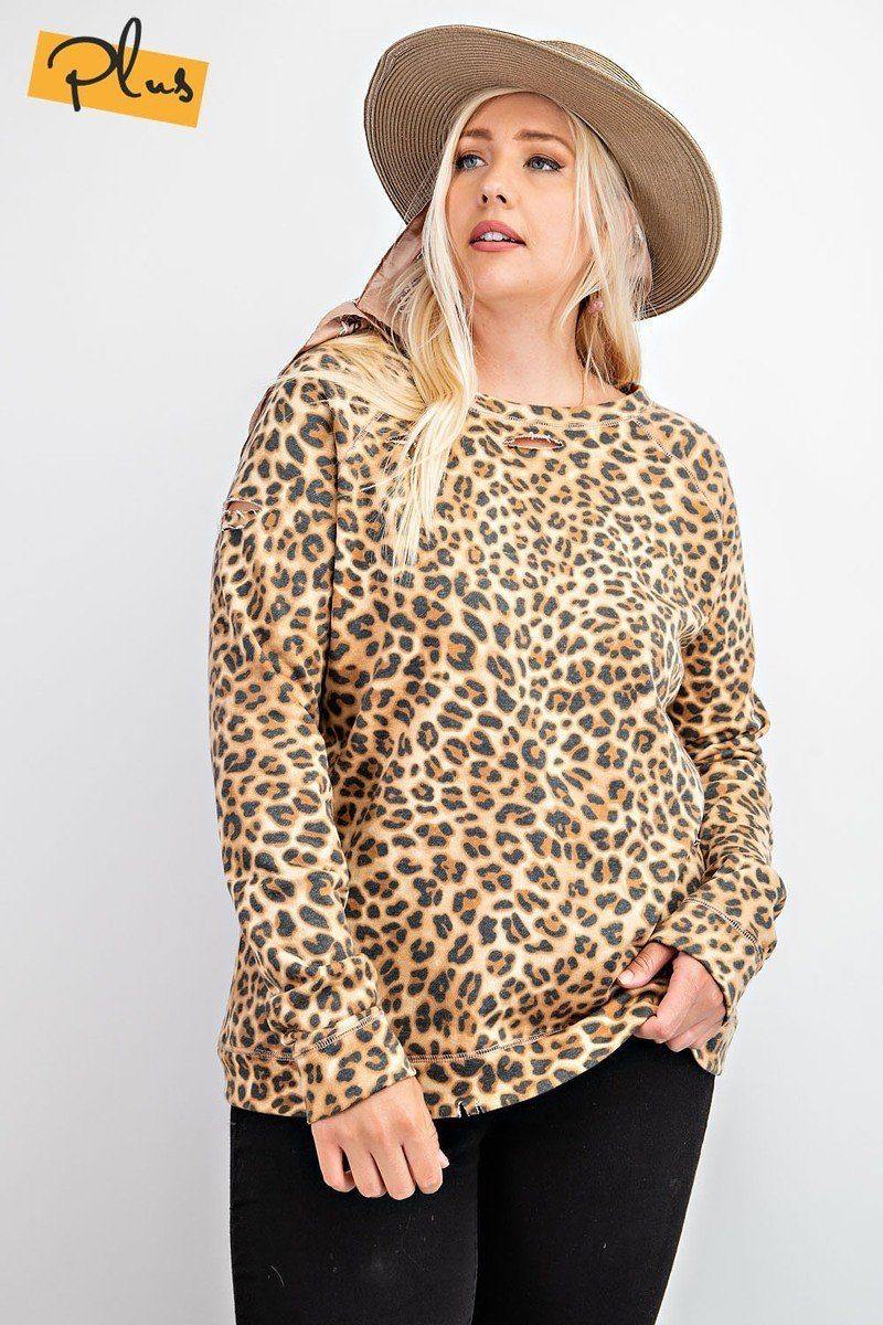 Long Sleeve Leopard Printed Terry Knit Pullover - bulkybox