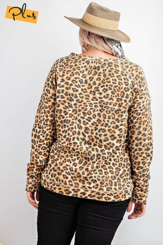 Long Sleeve Leopard Printed Terry Knit Pullover - bulkybox