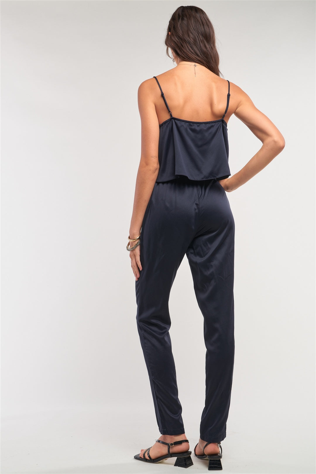 Navy Satin Sleeveless Soft V-neck Layered Self-tie Waist Detail Jumpsuit