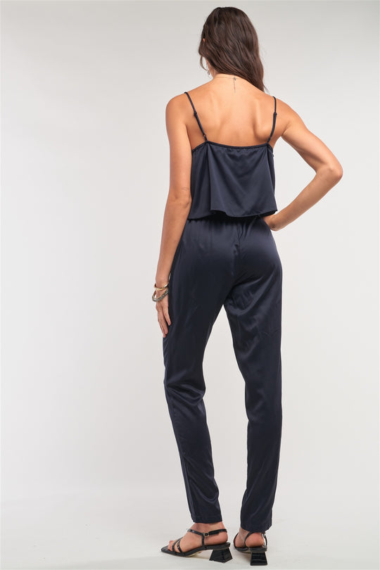 Navy Satin Sleeveless Soft V-neck Layered Self-tie Waist Detail Jumpsuit