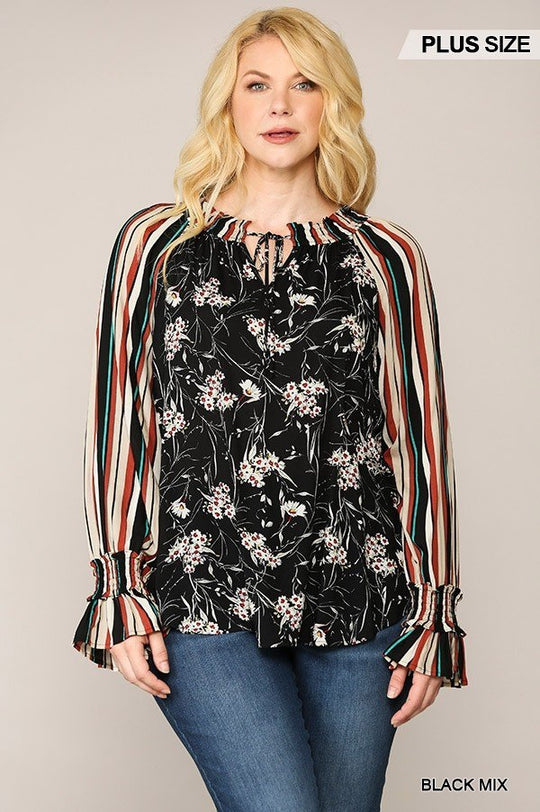 Print Mixed Peasant Smocked Top