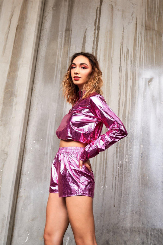 Metallic Lightweight Drawstring Crop Top & Shorts Set - bulkybox