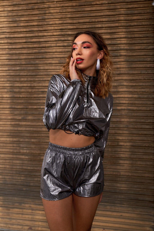 Metallic Lightweight Drawstring Crop Top & Shorts Set - bulkybox