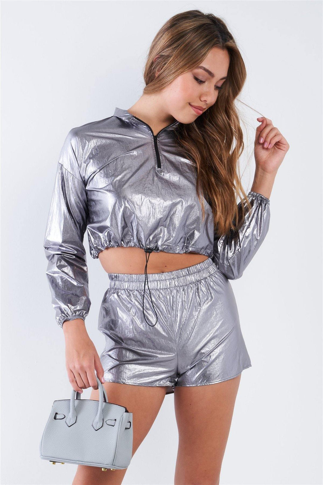 Metallic Lightweight Drawstring Crop Top & Shorts Set - bulkybox