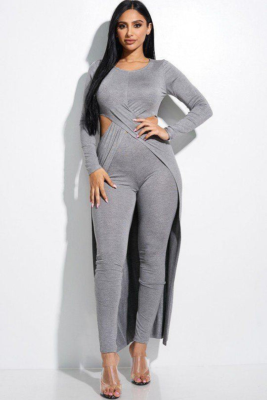 Solid Heavy Rayon Spandex Long Sleeve Crossed Over Long Top And Leggings 2 Piece Set - bulkybox