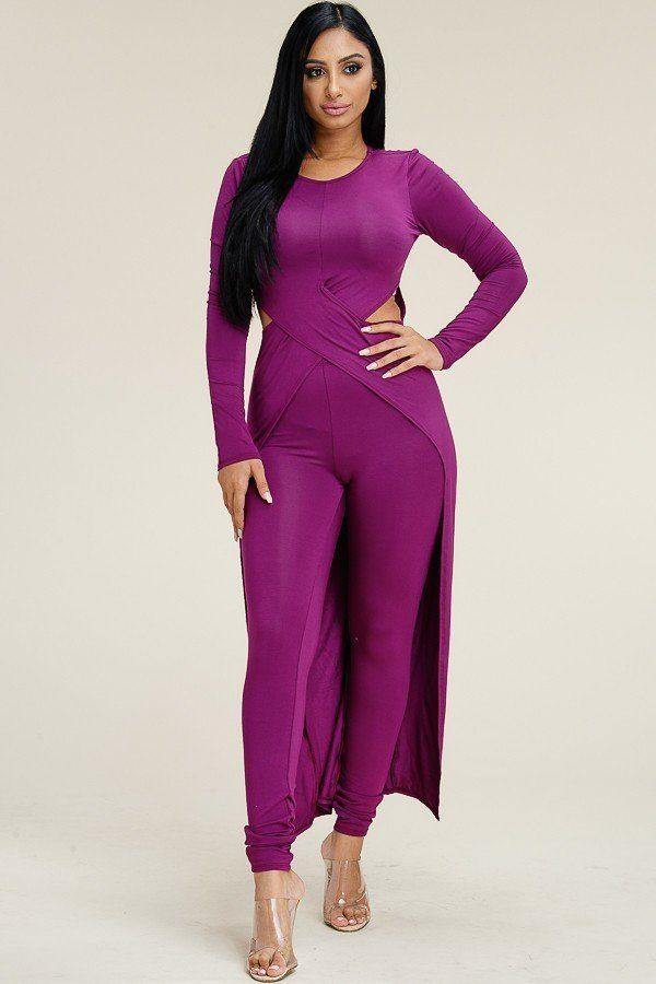 Solid Heavy Rayon Spandex Long Sleeve Crossed Over Long Top And Leggings 2 Piece Set - bulkybox