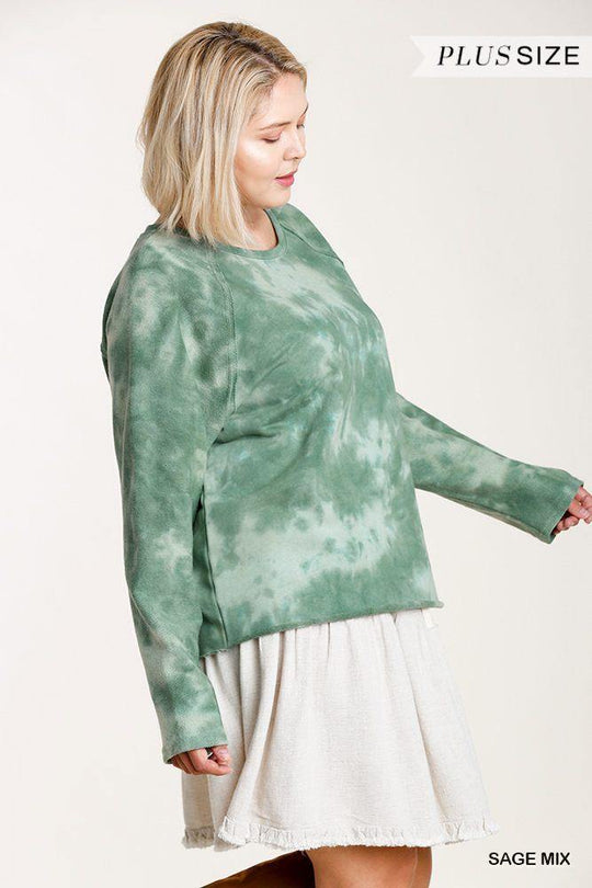 French Terry Tie-dye Raglan Long Sleeve Top With Raw Hem - bulkybox