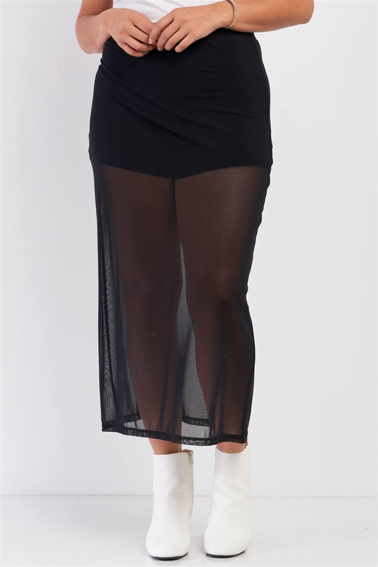 Plus Black High Waisted Sheer Mesh Underskirt Midi Skirt - bulkybox