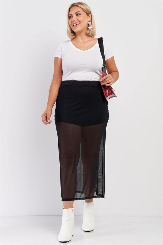 Plus Black High Waisted Sheer Mesh Underskirt Midi Skirt - bulkybox