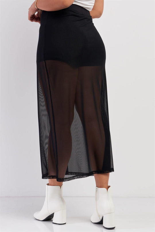 Plus Black High Waisted Sheer Mesh Underskirt Midi Skirt - bulkybox