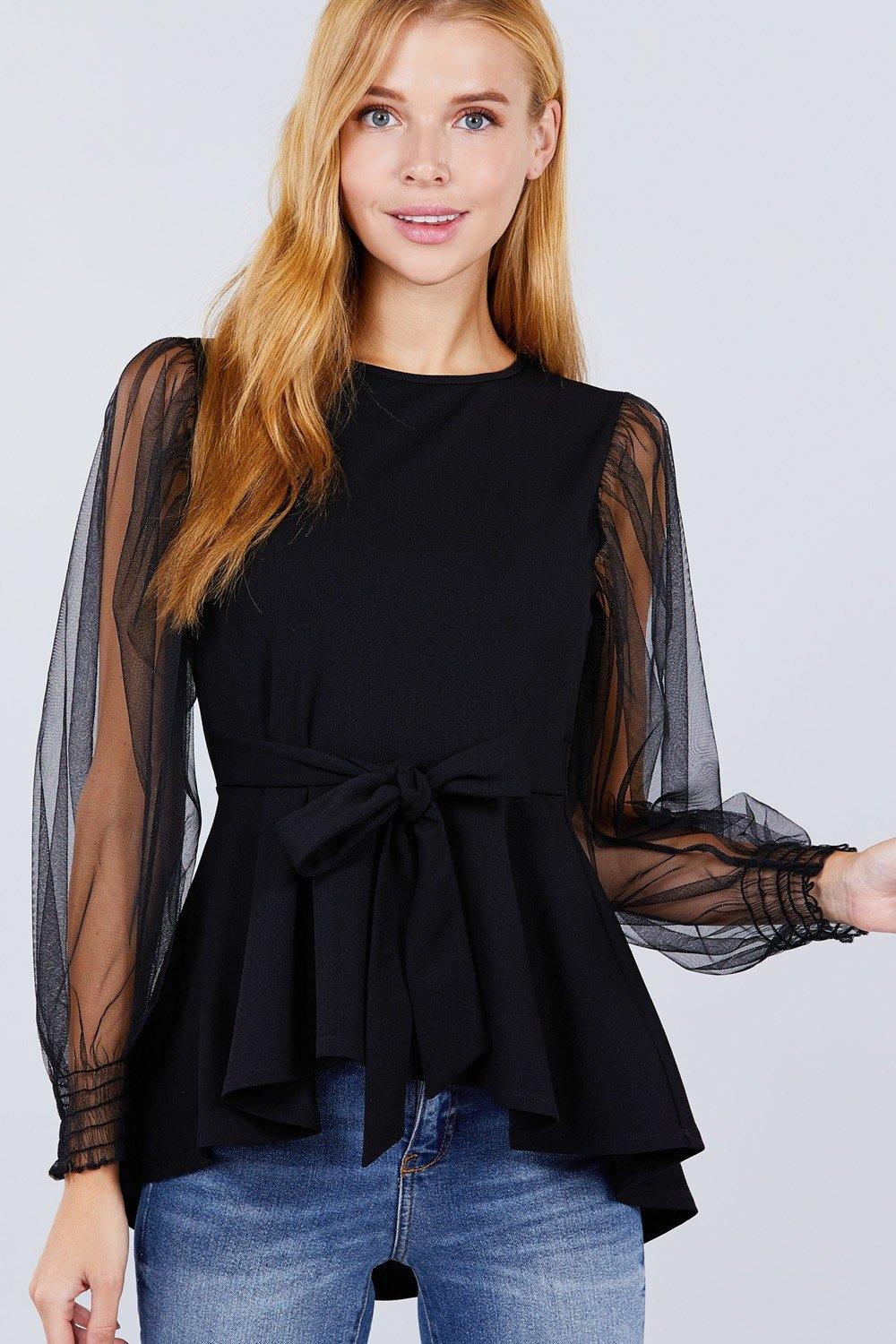 Mesh Puff Sleeve Peplum Top - bulkybox