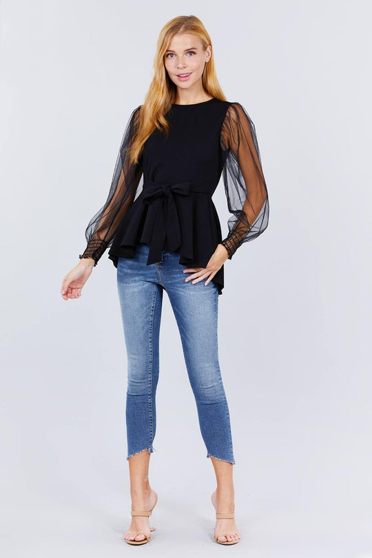 Mesh Puff Sleeve Peplum Top - bulkybox