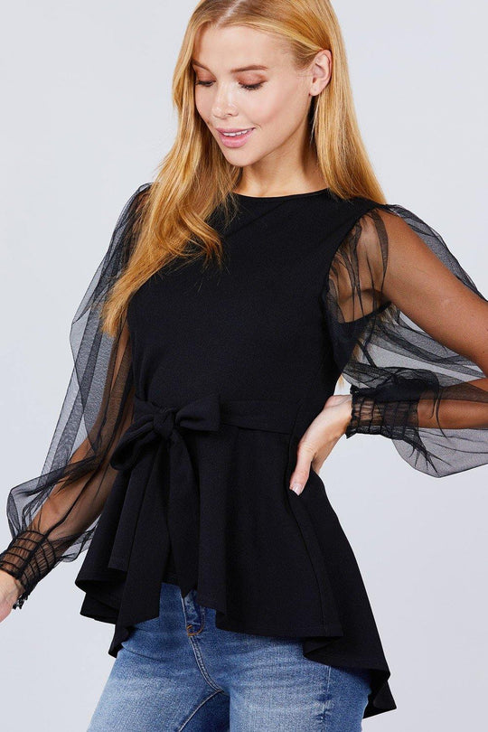 Mesh Puff Sleeve Peplum Top - bulkybox