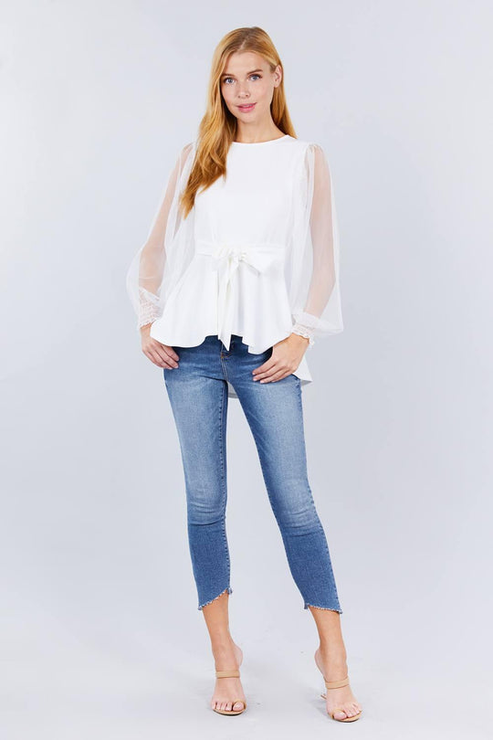 Mesh Puff Sleeve Peplum Top - bulkybox