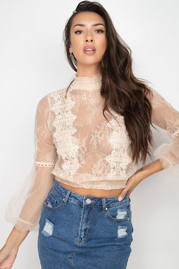 Lace Trim Balloon Sleeve Smocked Top - bulkybox