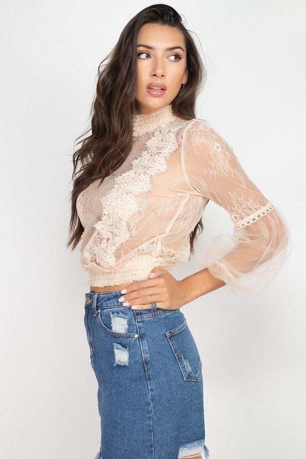 Lace Trim Balloon Sleeve Smocked Top - bulkybox